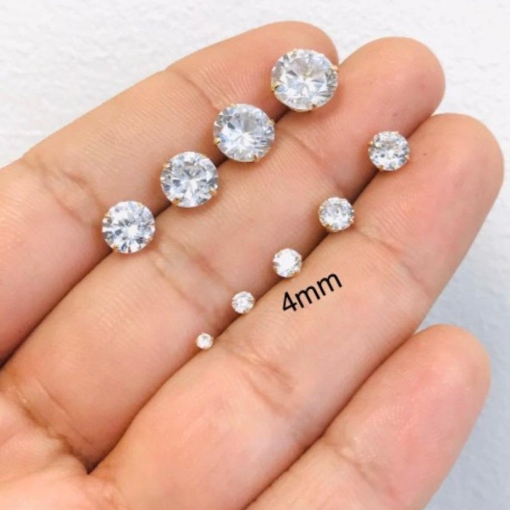 CZ Stud Earrings Solid Gold 10K For Mens Womens/Aretes Oro Real Mujer Hombre 4mm